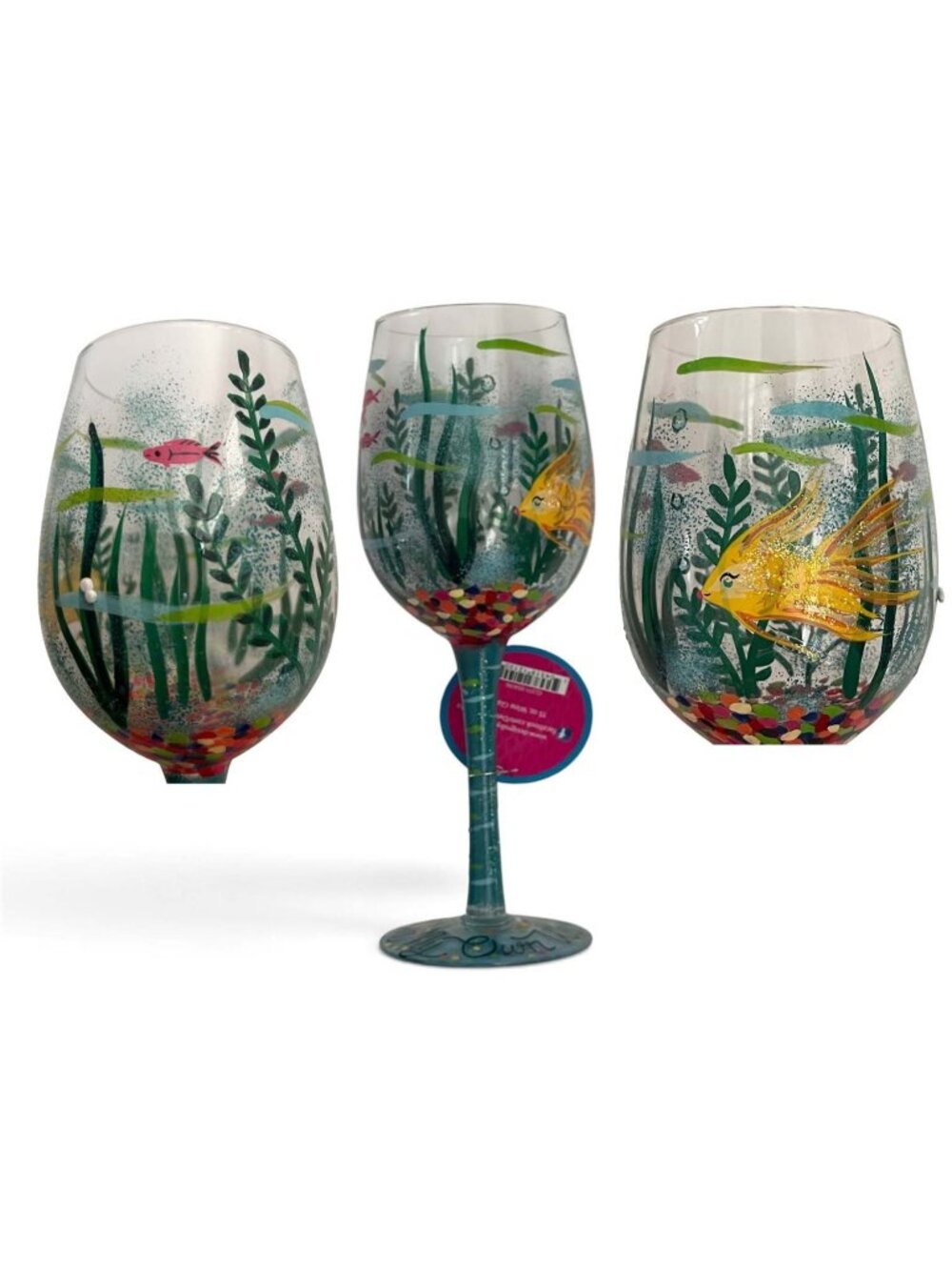 In My Own World Wine Glass by Lolita Hand-Painted Colorful Fish Ocean Blue NIB